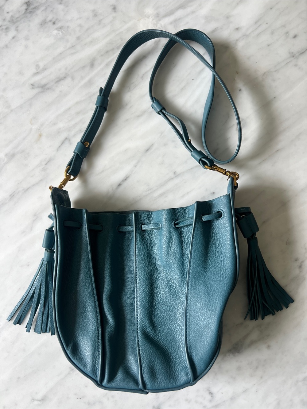 Mackage Teal Blue Pebbled Leather Shoulder Bag with Tassels